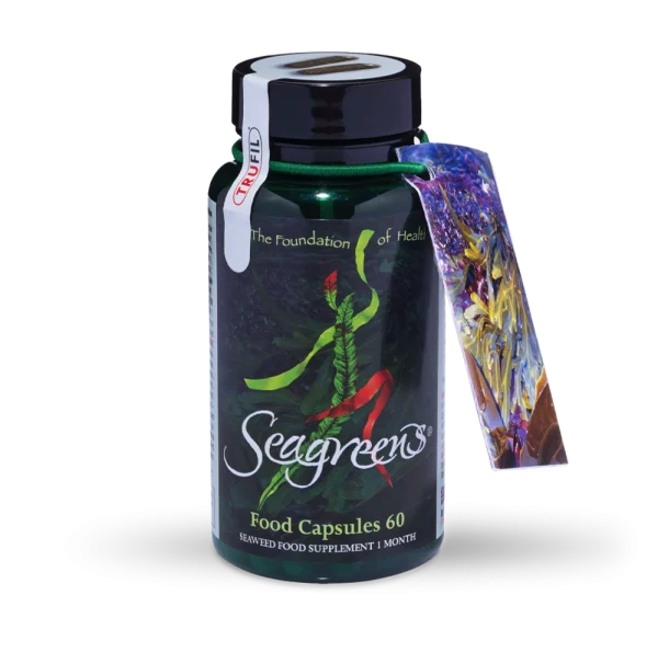 Seagreens Seaweed Food Capsules bottle with attached tag.