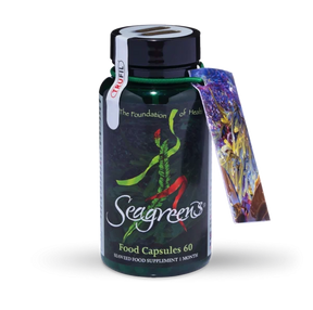 Seagreens Seaweed Food Capsules bottle with attached tag.