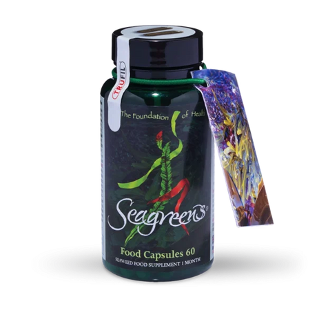 Seagreens Seaweed Food Capsules bottle with attached tag.