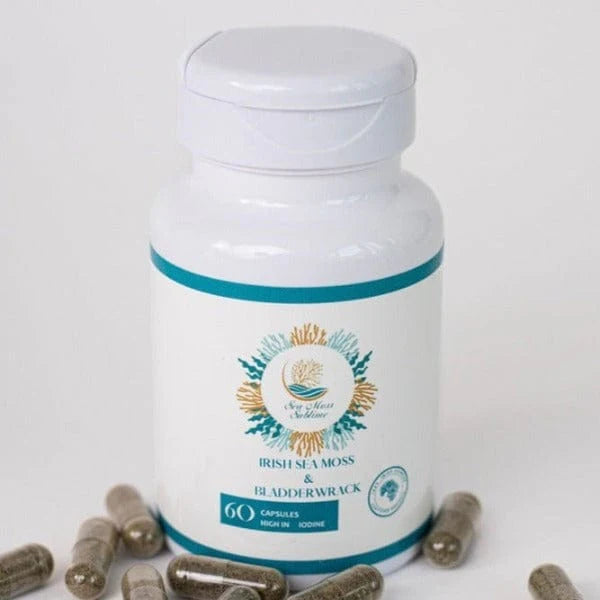 Sea Moss Sublime Irish Sea Moss & Bladderwrack capsules, a bottle containing 60 capsules that are high in iodine.
