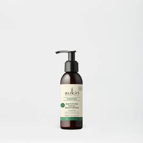 Sukin Signature Mattifying Facial Moisturiser is a 125ml paraben-free moisturizer designed for normal to oily skin types, enriched with rice powder, native lemongrass, and cucumber extract to promote a balanced and matte finish.