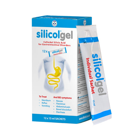 Silicolgel, containing colloidal silicic acid, is a treatment for gastrointestinal disorders, including heartburn, reflux, and vomiting. It also helps alleviate IBS symptoms such as nausea, flatulence, abdominal pain, bowel discomfort, and diarrhoea. This package contains 12 individual 15ml sachets.