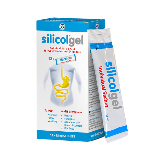 Silicolgel, containing colloidal silicic acid, is a treatment for gastrointestinal disorders, including heartburn, reflux, and vomiting. It also helps alleviate IBS symptoms such as nausea, flatulence, abdominal pain, bowel discomfort, and diarrhoea. This package contains 12 individual 15ml sachets.