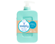 A bottle of Soaply 100% natural hand soap in a mint green color with a white pump dispenser and a beige label featuring blue text.
