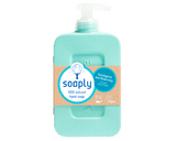 A bottle of Soaply 100% natural hand soap in a mint green color with a white pump dispenser and a beige label featuring blue text.
