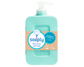 A bottle of Soaply 100% natural hand soap in a mint green color with a white pump dispenser and a beige label featuring blue text.