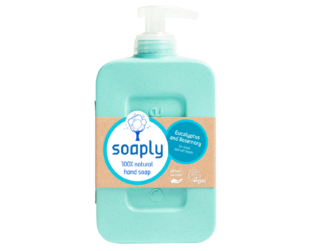 A bottle of Soaply 100% natural hand soap in a mint green color with a white pump dispenser and a beige label featuring blue text.