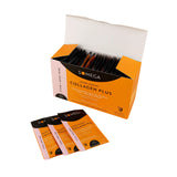 Omega Collagen Plus supplement packaging on a warm beige background, featuring an open orange and black box with several individual sachets placed in front.