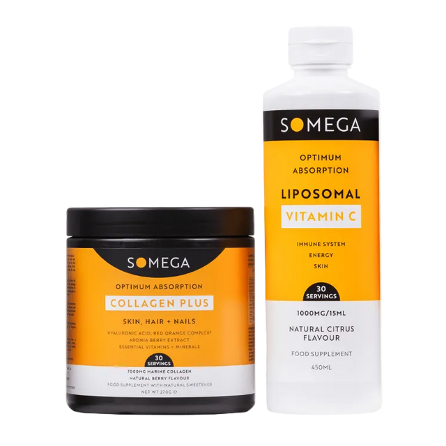 Two supplement containers from the brand 'Somega' on a white background