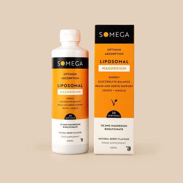 Somega Liposomal Magnesium Bisglycinate liquid food supplement in natural berry flavour.