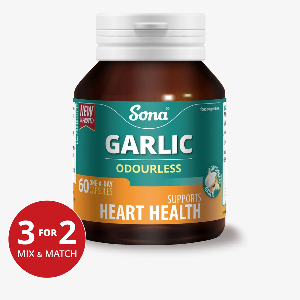 Sona Odourless Garlic food supplement 60 one-a-day capsules for heart health support.