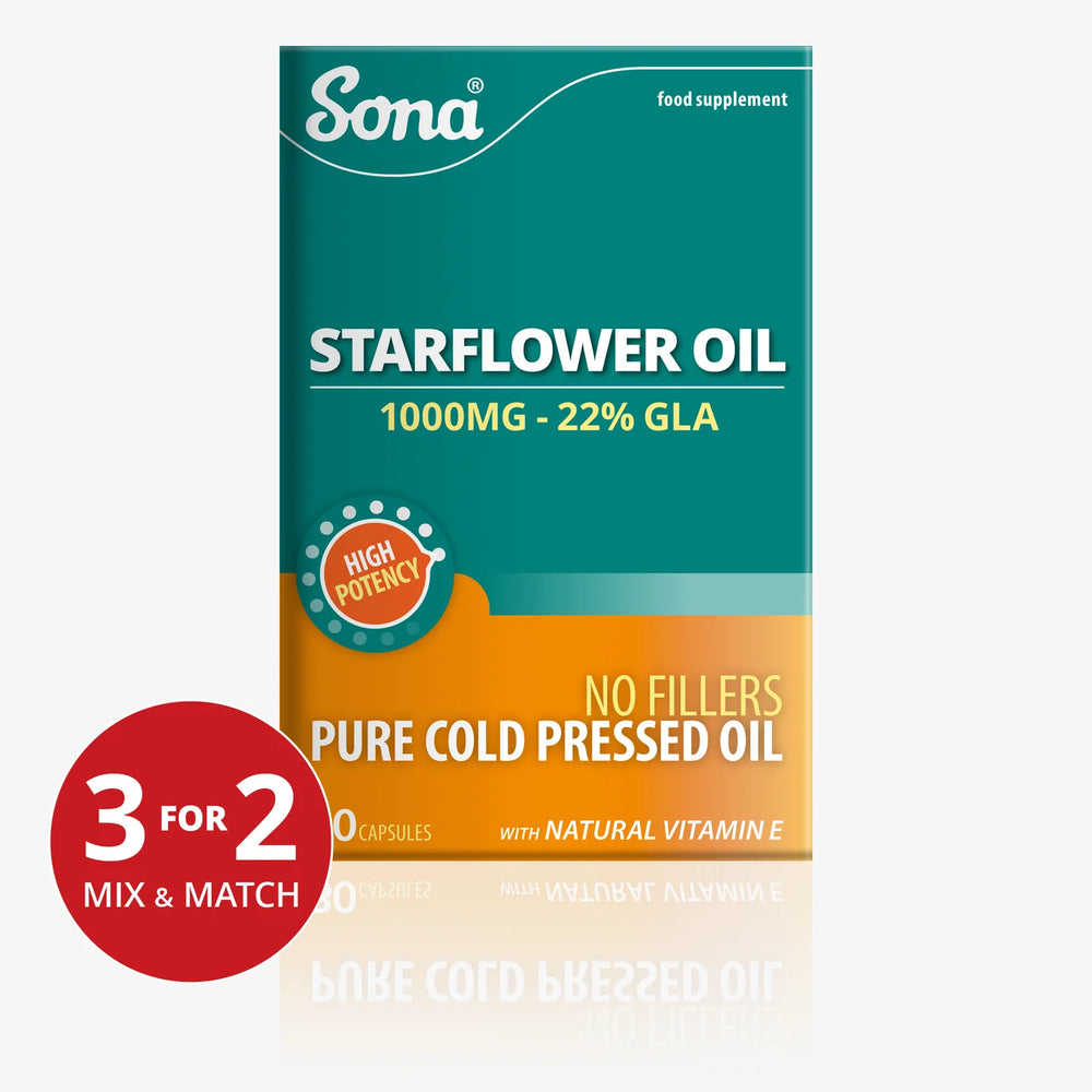 Sona Starflower Oil 1000mg food supplement capsules with 22% GLA and Natural Vitamin E.