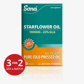 Sona Starflower Oil 1000mg food supplement capsules with 22% GLA and Natural Vitamin E.