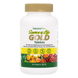 A front view of a NaturesPlus Source of Life GOLD multivitamin bottle with a gold cap and a label featuring a variety of fresh fruits and vegetables.