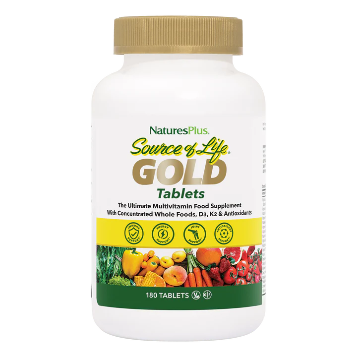 A front view of a NaturesPlus Source of Life GOLD multivitamin bottle with a gold cap and a label featuring a variety of fresh fruits and vegetables.