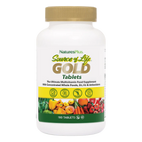 A front view of a NaturesPlus Source of Life GOLD multivitamin bottle with a gold cap and a label featuring a variety of fresh fruits and vegetables.