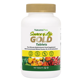 A front view of a NaturesPlus Source of Life GOLD multivitamin bottle with a gold cap and a label featuring a variety of fresh fruits and vegetables.