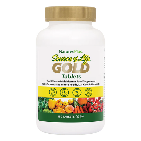 A front view of a NaturesPlus Source of Life GOLD multivitamin bottle with a gold cap and a label featuring a variety of fresh fruits and vegetables.