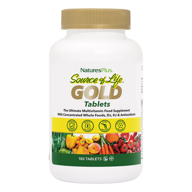 A front view of a NaturesPlus Source of Life GOLD multivitamin bottle with a gold cap and a label featuring a variety of fresh fruits and vegetables.