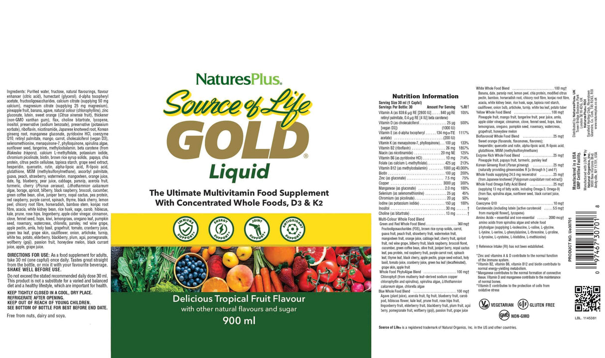 NaturesPlus Source of Life Gold Liquid 900 ml full label with nutrition information, ingredients, and directions.