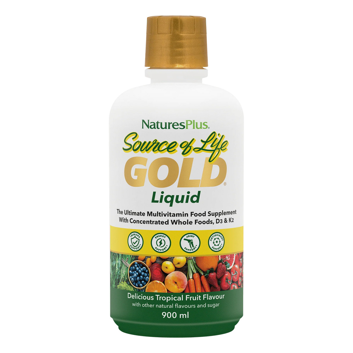 NaturesPlus Source of Life Gold Liquid 900 ml multivitamin in delicious tropical fruit flavor.