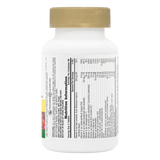 Side-profile view of a white supplement bottle with a gold cap, displaying the detailed "Nutrition Information" label and daily value percentages.