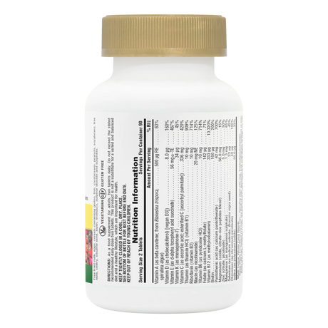 Side-profile view of a white supplement bottle with a gold cap, displaying the detailed "Nutrition Information" label and daily value percentages.