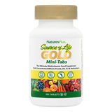 Front view of a NaturesPlus Source of Life GOLD Mini-Tabs multivitamin bottle with a gold cap and 180 tablets.