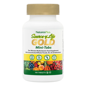 Front view of a NaturesPlus Source of Life GOLD Mini-Tabs multivitamin bottle with a gold cap and 180 tablets.
