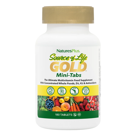 Front view of a NaturesPlus Source of Life GOLD Mini-Tabs multivitamin bottle with a gold cap and 180 tablets.