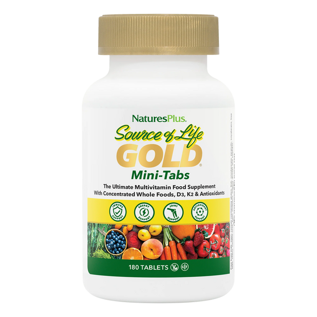 Front view of a NaturesPlus Source of Life GOLD Mini-Tabs multivitamin bottle with a gold cap and 180 tablets.