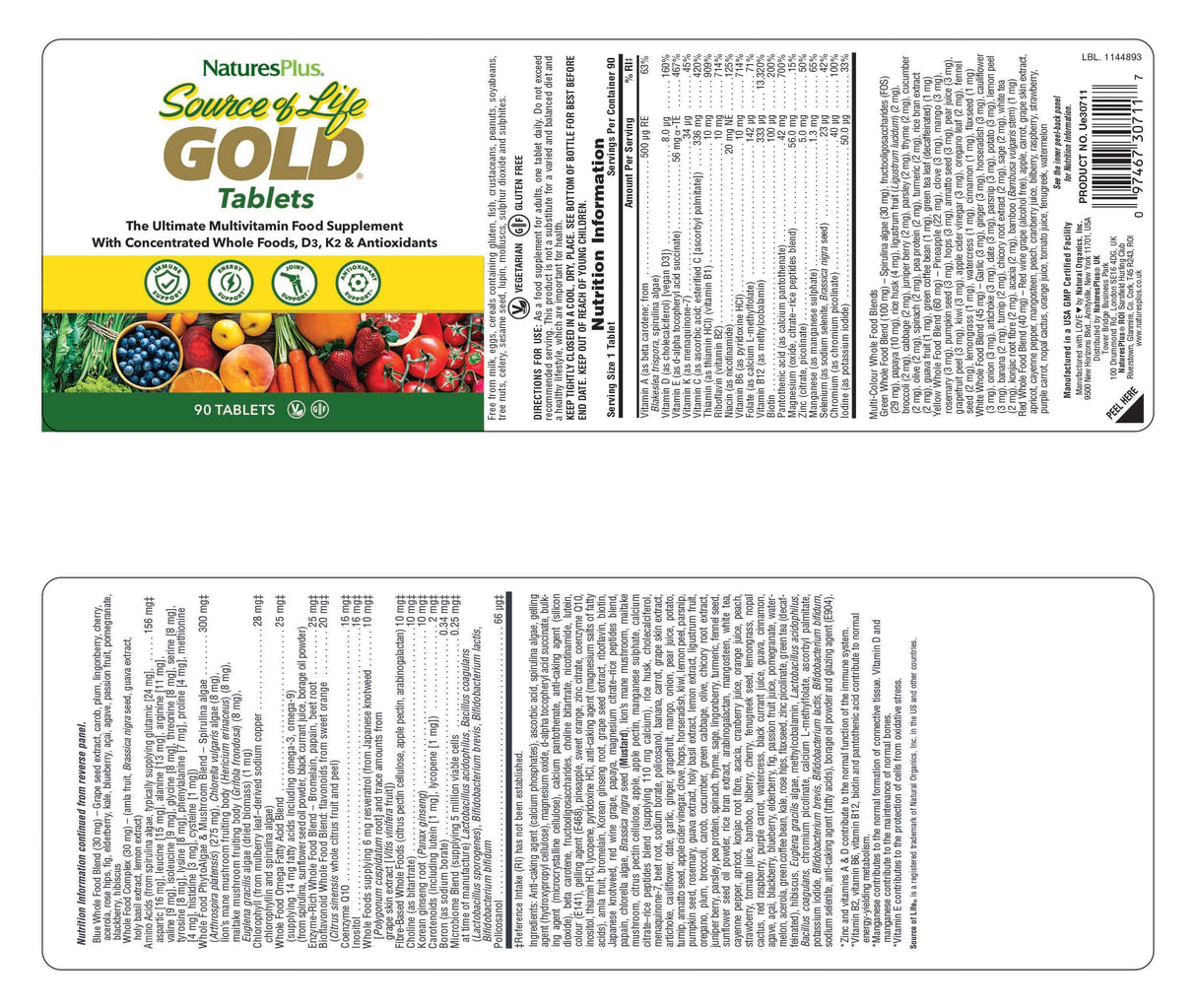 Flat lay view of the NaturesPlus Source of Life GOLD multivitamin product label showing branding and nutrition facts.