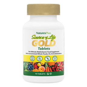 NaturesPlus Source of Life Gold 90 multivitamin tablets with concentrated whole foods, D3, K2, and antioxidants.