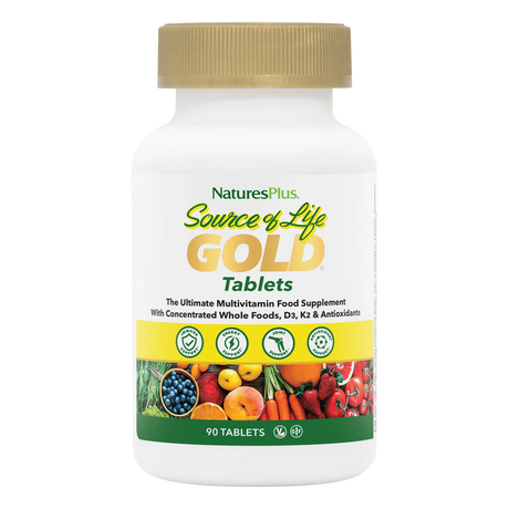NaturesPlus Source of Life Gold 90 multivitamin tablets with concentrated whole foods, D3, K2, and antioxidants.