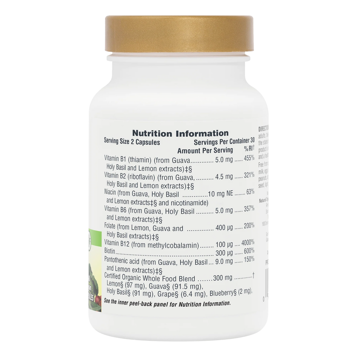 Side-profile shot of a white NaturesPlus supplement bottle with a gold cap, focusing on the "Nutrition Information" panel and certified organic whole food blend.