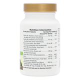 Side-profile shot of a white NaturesPlus supplement bottle with a gold cap, focusing on the "Nutrition Information" panel and certified organic whole food blend.