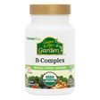 Front view of a NaturesPlus Source of Life Garden B-Complex bottle, featuring USDA Organic and Whole Food Grown certifications with a gold cap.