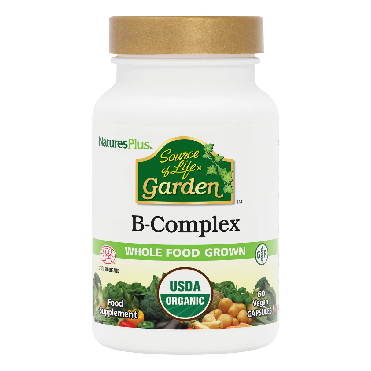 Front view of a NaturesPlus Source of Life Garden B-Complex bottle, featuring USDA Organic and Whole Food Grown certifications with a gold cap.