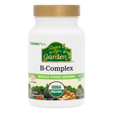 Front view of a NaturesPlus Source of Life Garden B-Complex bottle, featuring USDA Organic and Whole Food Grown certifications with a gold cap.