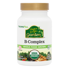 Front view of a NaturesPlus Source of Life Garden B-Complex bottle, featuring USDA Organic and Whole Food Grown certifications with a gold cap.