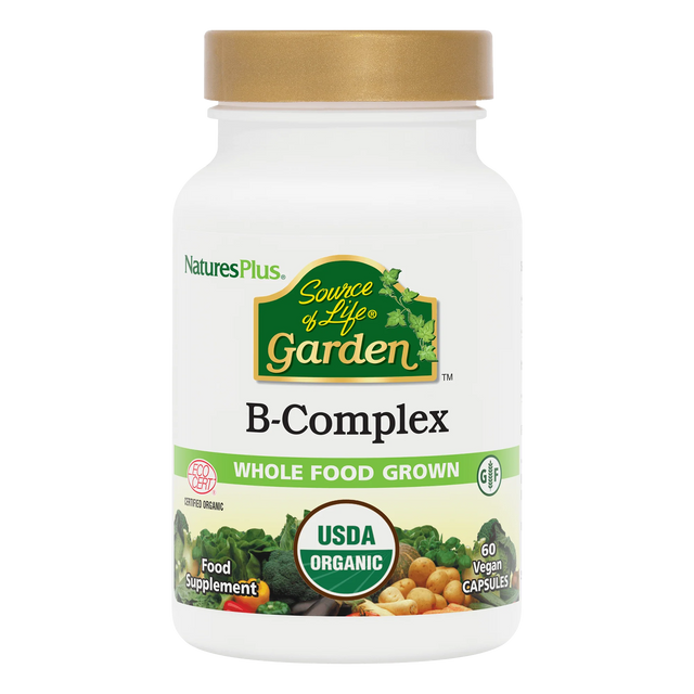 Front view of a NaturesPlus Source of Life Garden B-Complex bottle, featuring USDA Organic and Whole Food Grown certifications with a gold cap.