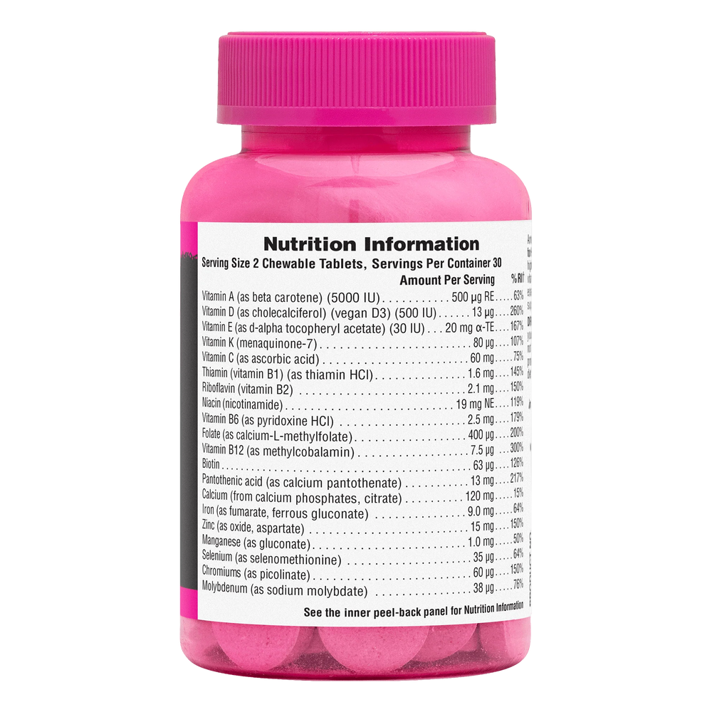 NaturesPlus Source of Life Power Teen for Her berry flavor multivitamin nutrition information and supplement facts label.