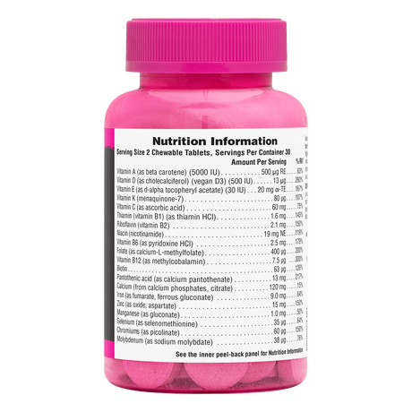 NaturesPlus Source of Life Power Teen for Her berry flavor multivitamin nutrition information and supplement facts label.