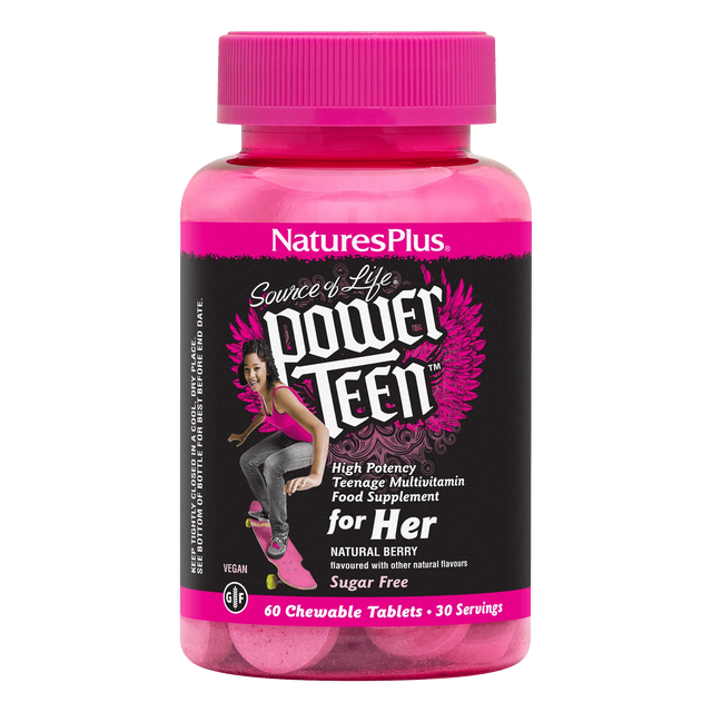 NaturesPlus Source of Life Power Teen for Her 60 natural berry flavored sugar-free chewable tablets.