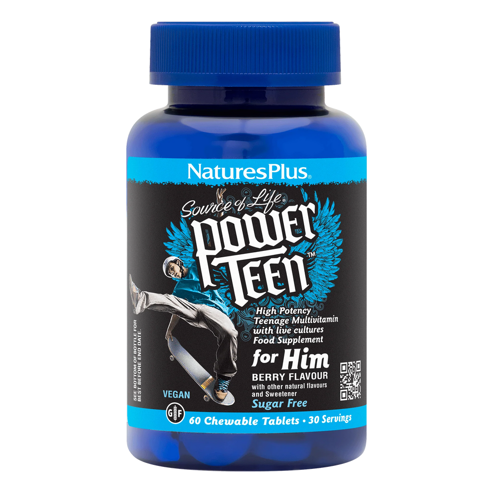 NaturesPlus Source of Life Power Teen for Him 60 berry flavored sugar-free chewable tablets.