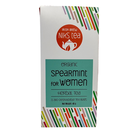 A box of Irish Brew NIKS Tea, "Organic Spearmint for Women" herbal tea, containing 15 bio-degradable tea bags with a net weight of 40g, featuring colorful geometric border patterns.