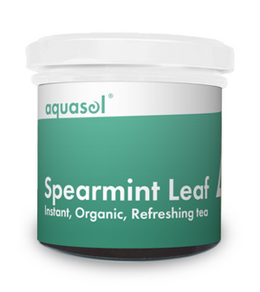 A jar of Aquasol Spearmint Leaf, described as an instant, organic, and refreshing tea.