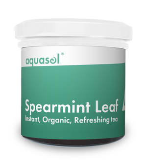 A jar of Aquasol Spearmint Leaf, described as an instant, organic, and refreshing tea.