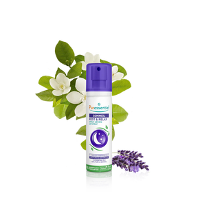 A 75ml (2.5 fl. oz.) bottle of Puressentiel "Sommeil" Rest & Relax Air Spray (Spray Aérien). The white bottle features a purple spray cap and a central illustration of a crescent moon and stars inside a purple circle.
