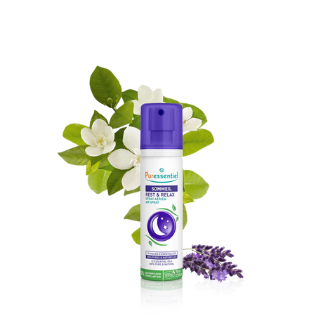 A 75ml (2.5 fl. oz.) bottle of Puressentiel "Sommeil" Rest & Relax Air Spray (Spray Aérien). The white bottle features a purple spray cap and a central illustration of a crescent moon and stars inside a purple circle.